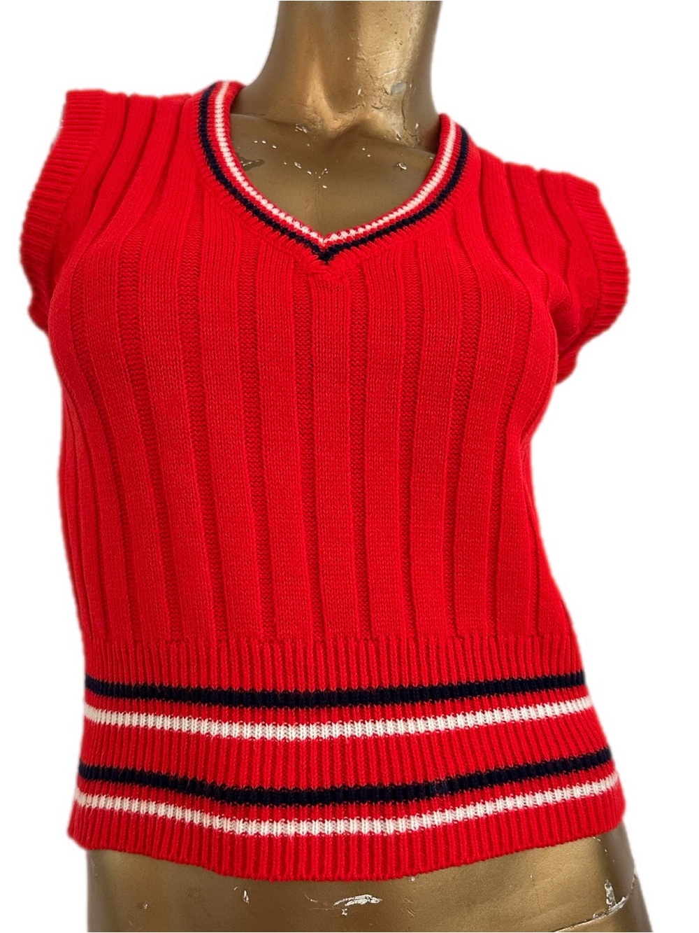 Vintage Finest Quality Knitwear Red Ribbed Sweater Vest V-Neck Striped Trim - Picture 2 of 5